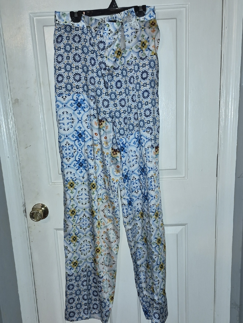 Zara Blue and White Mosaic-Print Wide Leg Pants